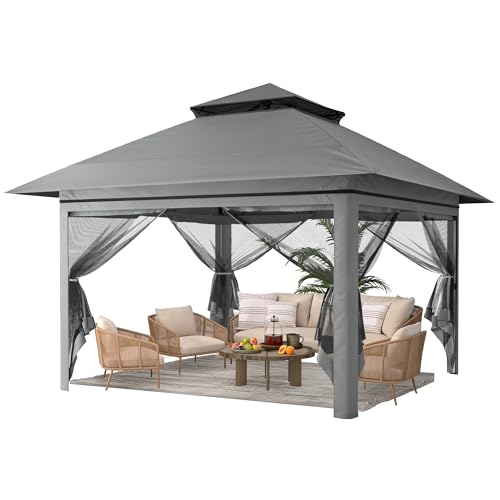 Driftalia 13x13 Pop Up Gazebo, Instant Outdoor Gazebo with Mosquito Netting, Vented Roof and Carry Bag for Patio, Garden & Backyard - Dark Gray