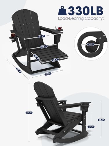 KINGYES Adirondack Rocking Chair with Retractable Ottoman and Cup Holders, HDPE Adirondack Rocker Patio Rocking Chair for Porch, Patio, Balcony, Black