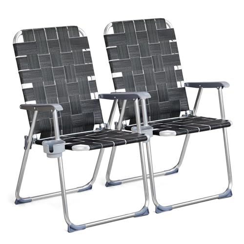 VINGLI Aluminum Patio Lawn Chairs Folding Set of 2 with Detachable Cup Holder, Webbed Beach Chair Folding Chair Outdoor Portable Camping Chair for Yard, Garden
