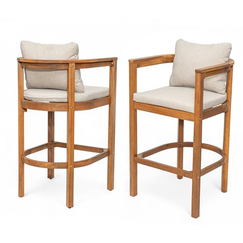 Christopher Knight Home Kuart Acacia Wood Outdoor Bar Stool Set of 2 with Cushion, Patio Armchair Set for Bar Table, Wooden Counter Height Patio Bar Stool with Footrest, Teak+Beige