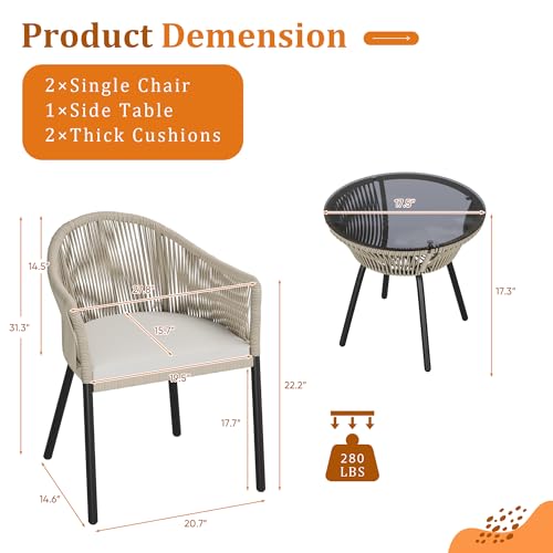 Devoko Patio Furniture Set 3 Pieces Rope Woven Bistro Set Outdoor Conversation Set with 2 Wide Chairs,Cushions and Tempered Glass Table for Balcony Porch Backyard Garden Poolside