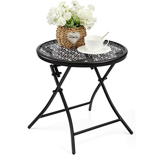 TeoKJ Folding Small Outdoor Side Tables, Anti Rust Small Patio Table Round Metal Nightstand with Flower Cutouts for Porch Yard Balcony Deck Lawn, Black