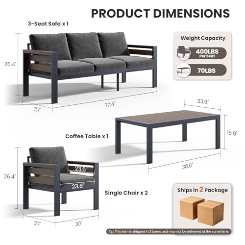 SUNYRISY Aluminum Outdoor Patio Furniture Set with Coffee Table, 4 Piece Outdoor Conversation Sets with Thick Cushions, Oversized Sectional Sofa Couch Set for Porch, Deck, Yard, Pool