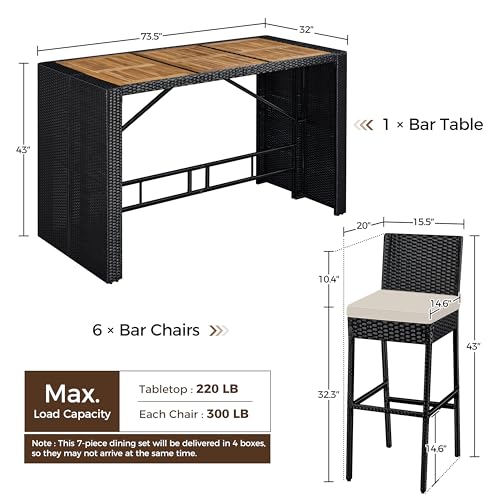 Yaheetech 7 Piece Patio Dining Set Outdoor Acacia Wood Bar Table and Chairs with Removable Cushions, Wicker Furniture Set for Deck, Backyard, Garden, Black/Beige