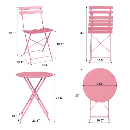 GarveeHome 3-Piece Foldable Bistro Set, Outdoor Patio Furniture with 2 Folding Chairs & 1 Table, Weather-Resistant Indoor/Outdoor Conversation Set for Patio, Garden, Balcony, Pink Flat Tube