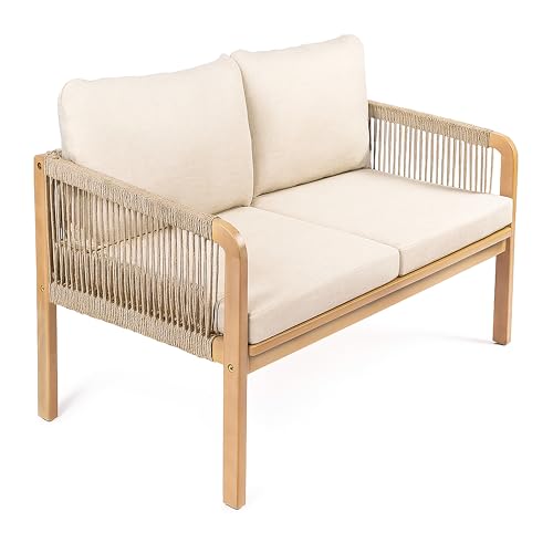 JONATHAN Y Arwen Bohemian Acacia Wood Outdoor Loveseat, 2-Seater Patio Sofa Bench with Woven Rope Details and Thick Cushions for Porch, Balcony, Backyard, 49" W, Light Teak/Beige SFB1001A
