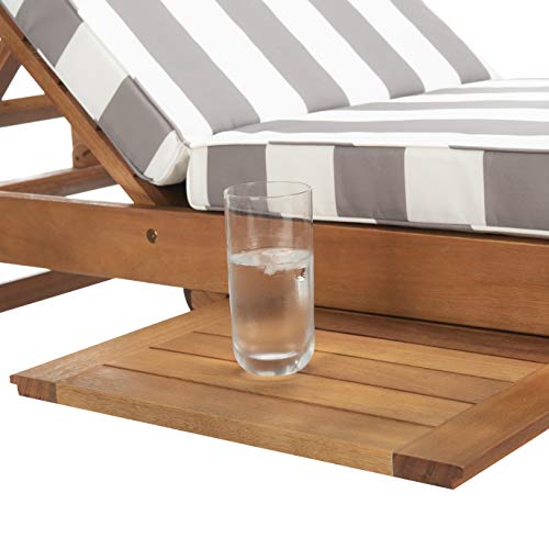 SAFAVIEH Outdoor Collection Newport Natural/ Grey & White Stripe Cushion Built-in Side Table Adjustable Chaise Lounge Chair
