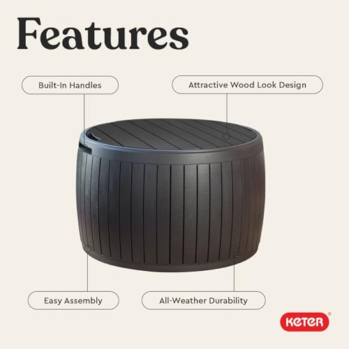 Keter Circa 37 Gallon Deck Box Organizer, Works as Ottoman Chair or Side Table, Brown – Large Resin Round Outdoor Storage and Seating for Garden, Pool, and Patio