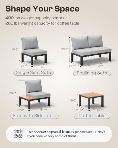 Oasbira Aluminum Modular Outdoor Patio Furniture Set, 6 Seats Sectional Sofa Set with Adjustable Backrest & Thick Cushions, All-Weather L-Shaped Corner Set with Table for Garden & Yard, Gray