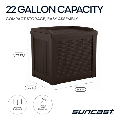 Suncast Outdoor Deck Box - 22 Gallon Java Resin Outdoor Storage Box, Weatherproof Patio Storage Bin Container for Seating & Organizing Cushions, Tools & Towels for Pool, Yard, & Garden