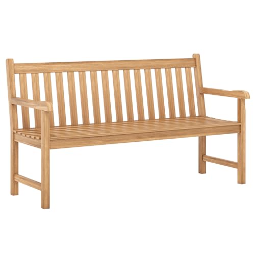 Tangkula 62" Teak Wood Outdoor Bench, 3-Seat Solid Wood Garden Patio Bench with Armrests and Backrest, Wooden Outside Porch Bench Seating Furniture for Backyard, Balcony and Park (62")