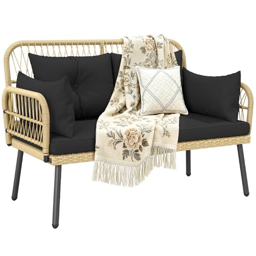 YITAHOME Patio Furniture Wicker Outdoor Loveseat, All-Weather Rattan Conversation for Backyard, Balcony and Deck with Soft Cushions (Light Brown+Black)
