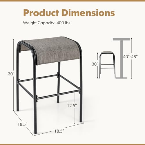 Tangkula Outdoor Bar Stools Set of 2, 30" Bar Height Bistro Stools with Breathable Fabric Seat & Heavy-Duty Metal Frame, Backless Bar Chairs with Curved Seats for Patio, Poolside, Backyard (2, Coffee)
