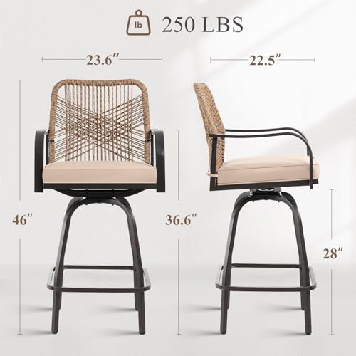 GOOGIC Outdoor Bar Stools Set of 4, 360° Swivel Metal Frame, Wicker Patio Bar Height Stools with Cushion, All-Weather Rattan Chair Design for Patio Backyard, Lawn Garden, Balcony, Poolside