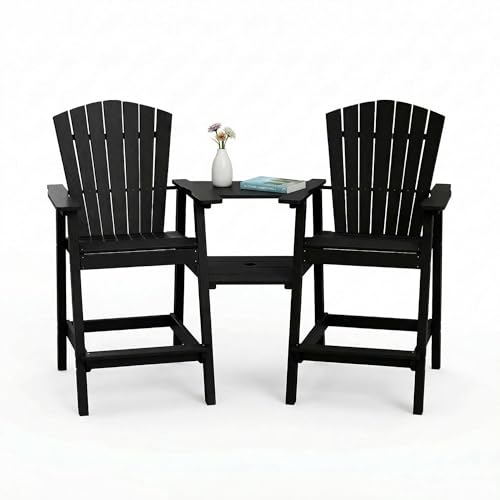 GLANC Tall Adirondack Chairs Set of 2, All Weather HDPE Bar Height Balcony Adirondack Chair with Removable Double Connecting Trays, Black Outdoor Adirondack Barstools for Deck Patio Yard Pool Lawn