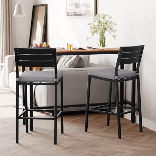 Crestlive Products Outdoor Bar Stools Set of 2, Patio Counter Height Barstools with Cushions, Tall Chairs with Back and Footrest for Deck, Lawn, Garden, Backyard, Poolside, Or Indoor Use (Light Gray)