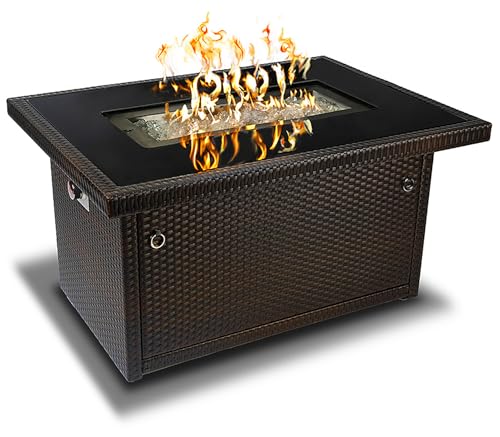 Outland Living Series 403 Fire Table – 44" 50,000 BTU Outdoor Propane Gas Fire Pit Table with Tempered Glass Top & Arctic Ice Decorative Glass Rocks, Espresso Brown