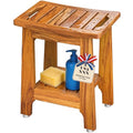 14" Compact Teak Shower Stool with Shelf & Handle - Waterproof, Non-Slip Bath Bench for Small Bathrooms/Tub/Outdoor Use, 300 lbs Capacity (Patented)