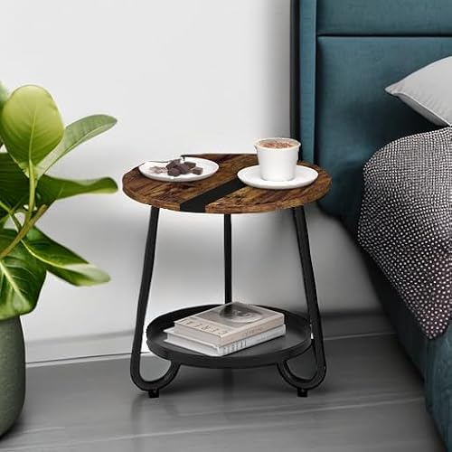 MOFAIN 2 Tier Coffee Table in Living Room, Industrial Style Round Coffee Table with Metal Tray, Wood Small Outdoor Coffee Table for Bedroom Balcony Patio, Rustic Brown