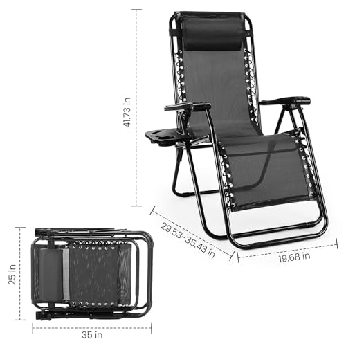 Sweetcrispy Zero Gravity Chairs, Set of 2 Portable Recliner Beach Camping Patio Outdoor Folding Lounge Chair with Cup Holder Trays and Adjustable Pillow for Poolside, Garden, Backyard, Lawn, Black