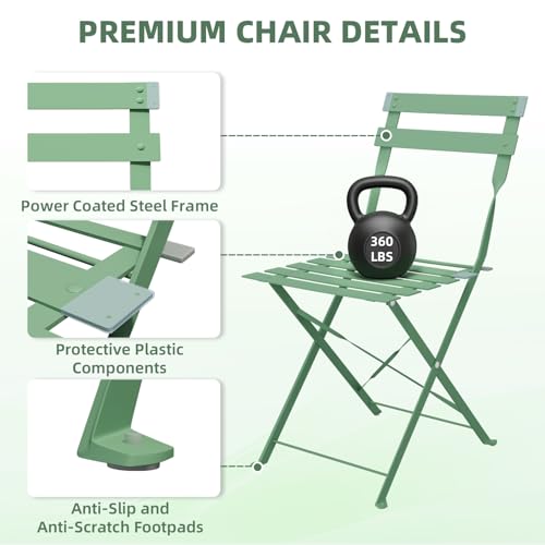 DSNAPE 3-Piece Folding Bistro Set, 2 Chairs and 1 Coffee Table, Space Saving Weather-Resistant Frame, Portable Indoor/Outdoor Patio Furniture Conversation Set for Garden Porch Balcony Deck - Green