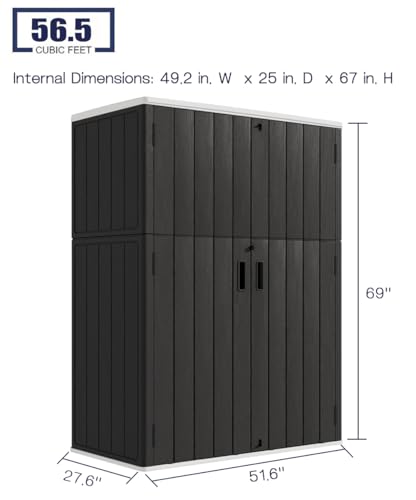 KINYING Outdoor Storage Shed,57 Cu.ft Vertical Outdoor Storage Cabinet Waterproof, Outdoor Resin Tool Shed for Patio Furniture, Garden Tools, Pool Accessories, Lawn Mower(Black Color)