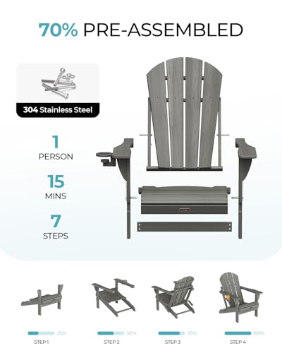 Ciokea Folding Adirondack Chair 2 Pack, Patio Adirondack Chair Weather Resistant, Plastic Fire Pit Chair with Cup Holder, Lawn Chair for Outdoor Porch Garden Backyard Deck (Grey)