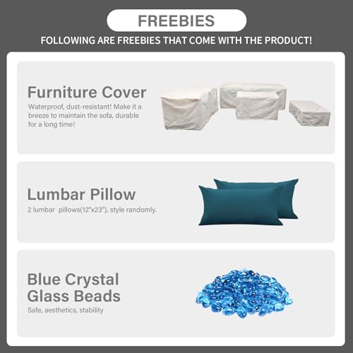 Outdoor Patio Furniture 60000 BTU Outdoor Propane Fire Pit Table Patio Furniture Set 45 In Outdoor Fire Pits 7 Pieces Patio Sofa Outdoor Chairs Anti-slip Cushions Waterproof Covers, Peacock Blue