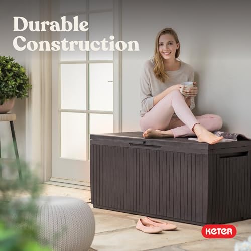 Keter Springwood 80 Gallon Resin Outdoor Storage Box for Patio Furniture Cushions, Pool Toys, and Garden Tools with Handles, Brown