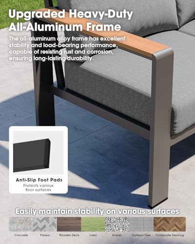 ComfCove Aluminum Outdoor Patio Furniture Set 6 Seats, Outdoor Sectional Corner Sofa with Thick Waterproof Cushions & Coffee Table, Patio Conversation Sets for Backyard, Porch, Balcony, Deck, Gray