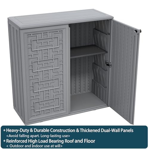 HOMSPARK Indoor/Outdoor Storage Cabinet with Doors and Shelf, 34”x15”x36” HDPE Plastic Storage Box Waterproof for Patio, Garden, Balcony, Multi-Purpose for Daily Tools, Grey
