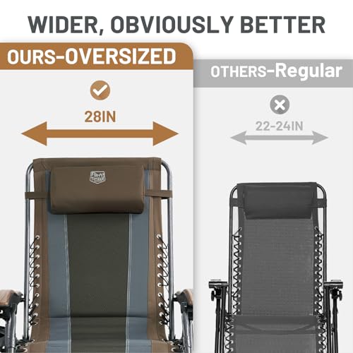 TIMBER RIDGE Outdoor Reclining Patio Padded with Adjustable Headrest and Cup Holder Foldable Zero Gravity Lawn Chair XL for Adults, Support up to 350 LBS, Brown,1 Count
