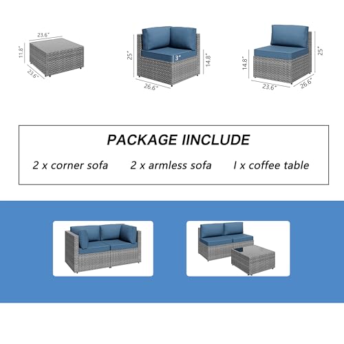 Shintenchi 5 Pieces Outdoor Patio Furniture Sets, Patio Sectional Sofa Couch, Gray PE Wicker Furniture Modular Patio Conversation Sets Patio Sofa with Washable Cushions & Table（Aegean Blue）