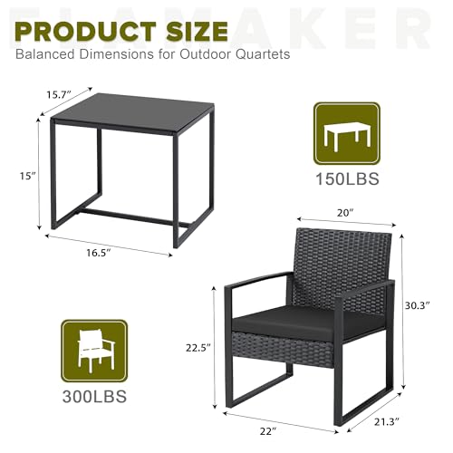Flamaker 3 Pieces Outdoor Patio Wicker Furniture Set, Modern Rattan Chair Conversation Sets with Coffee Table for Yard and Bistro (Black)