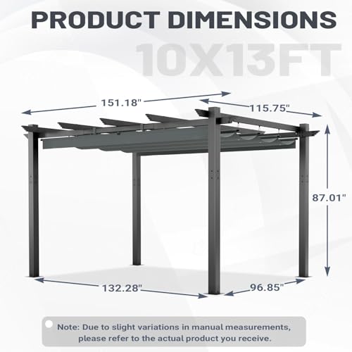 MELLCOM Retractable Pergola 10x13 Ft, Aluminum Shelter with Upgraded Sun Shade Canopy, Reinforced Frame Outdoor Pergola with Dual Adjustable Roof for Patio Garden Deck, Gray