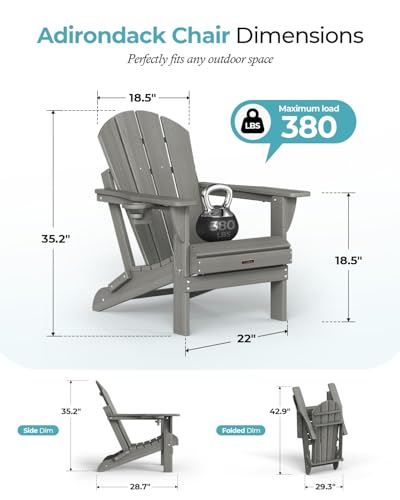Ciokea Folding Adirondack Chair 2 Pack, Patio Adirondack Chair Weather Resistant, Plastic Fire Pit Chair with Cup Holder, Lawn Chair for Outdoor Porch Garden Backyard Deck (Grey)