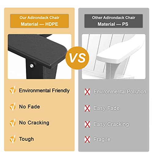 Mdeam Folding Adirondack Chair with Retractable Ottoman, HDPE All-Weather Fire Pit Chair with 2 Cup Holders, Outdoor Chair for Deck Patio Garden Backyard Lawn (Black)