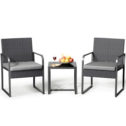 Gizoon 3 Piece Patio Bistro Set, Outdoor Black Wicker Furniture Sets, Modern Rattan Chair Conversation Sets with Coffee Table, for Yard, Garden, Balcony, Poolside, Cushion-Grey