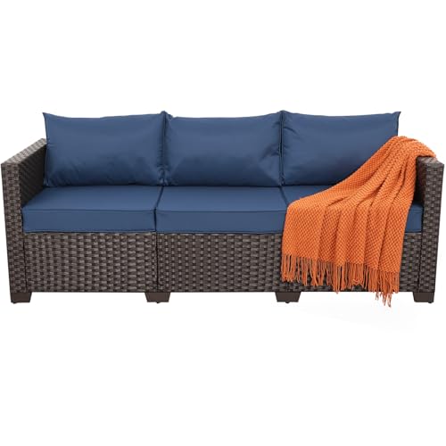 Rattaner 3-Seat Patio Wicker Sofa, Outdoor Rattan Couch Furniture Steel Frame with Furniture Cover and Deep Seat High Back, Blue Anti-Slip Cushion.