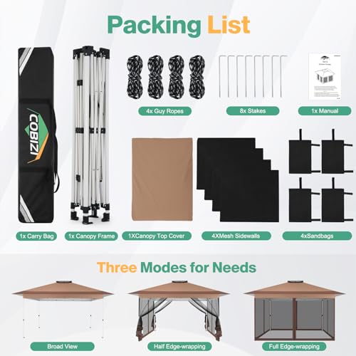 COBIZI 12x12 Pop Up Gazebos On Clearance - Upgrade Easy Up Metal Outdoor Gazebo Waterproof - Portable Gazebo with Mosquito Nettings, 4 Ropes 8 Stakes and Carry Bag for Patio Garden(Coffee)