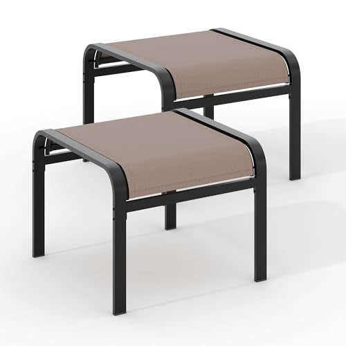 Outdoor Ottoman Set of 2, Outdoor Foot Stool with Textliene Fabric, Metal Frame, Stackable Oversized Foot Rest for Patio Garden Pool, Light Brown