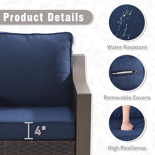 Qsoer Outdoor Wicker Chair Set of 2, All-Weather Use Patio Rattan Chair with Removable Water-Resistant Cushion, Ideal for Porch, Backyard, Balcony, Poolside, Blue