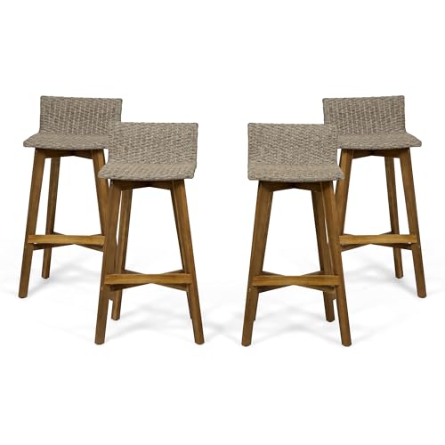 Christopher Knight Home La Brea Outdoor Acacia Wood and Wicker Barstools (Set of 4), Light Brown and Teak