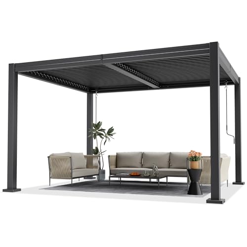 BETISEF 10x12 FT Outdoor Louvered Pergola, Hardtop Gazebo with 2 Independent Adjustable Roofs and Drainage System, Metal Patio Pavilion for Deck, Garden, Dark Gray