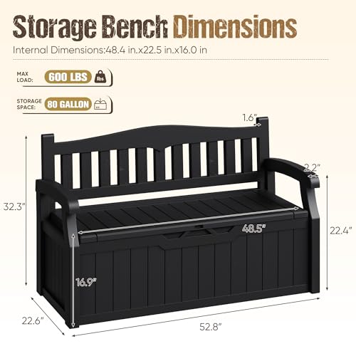 Acurax 80-Gallon Outdoor Storage Bench, Waterproof Deck Box with Lockable Lid & Armrests for Patio, Garden, Pool, Black