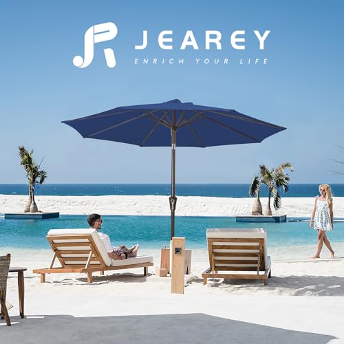 JEAREY 9FT Outdoor Patio Umbrella Outdoor Table Umbrella with Push Button Tilt and Crank, Market Umbrella 8 Sturdy Ribs UV Protection Waterproof for Garden, Deck, Backyard, Pool (Dark Blue)