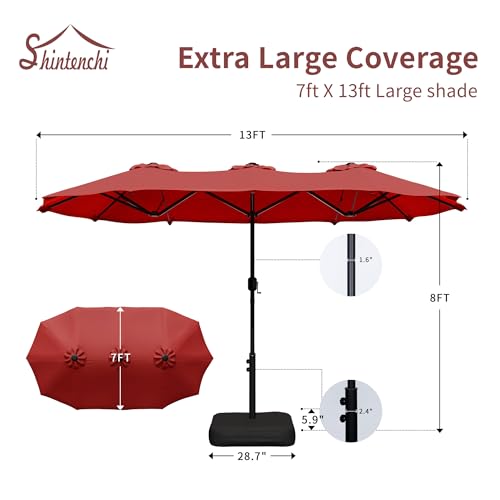 Shintenchi 13FT Large Patio Umbrella with Base Included, Outdoor Double-Sided Rectangular Shade with Crank Handle for Poolside Lawn, Deck & Garden, Red