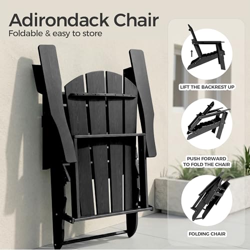 EcoVida Outdoors Folding Adirondack Chair, Lightweight & Portable HDPE Patio Chair, All-Weather Space-Saving Foldable Fire Pit Seating for Camping, Backyard, Deck-Black