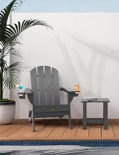 Folding Adirondack Chair, Wooden Textured Plastic Adirondack Chairs with 2 Cup Holder, Weather Resistant HDPE Fire Pit Chair, Outdoor Patio Chairs for Garden, Backyard, Lawn, Deck, 380LBS, Grey