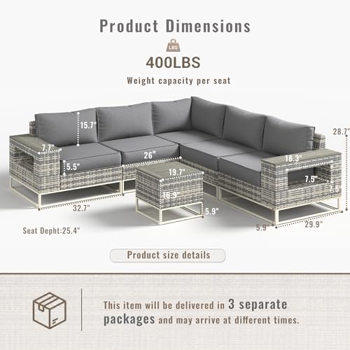 Sweecci 6-Piece Outdoor Patio Furniture Set, Modern PE Wicker Outdoor Sectional Sofa with Storage Armrests & 5.5" Thick Cushions, L-Shaped Couch for Deck, Porch, Backyard, Charcoal Gray